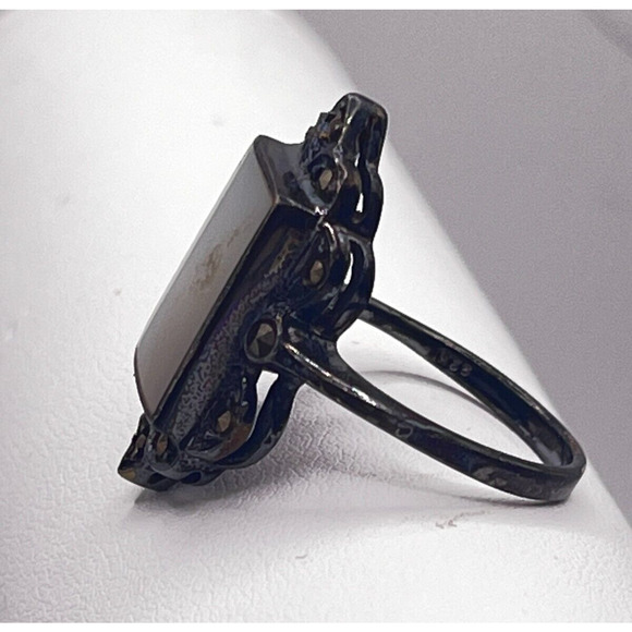 Antique Silver 925 Ring Mother of Pearl, Signed CFJ Sz: 8 - Picture 3 of 6